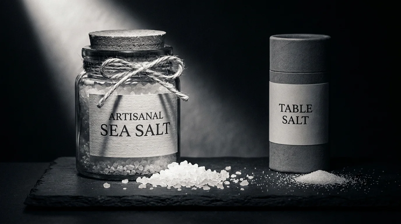 A high-detail photo of an expensive glass jar of salt next to a simple cardboard salt container.