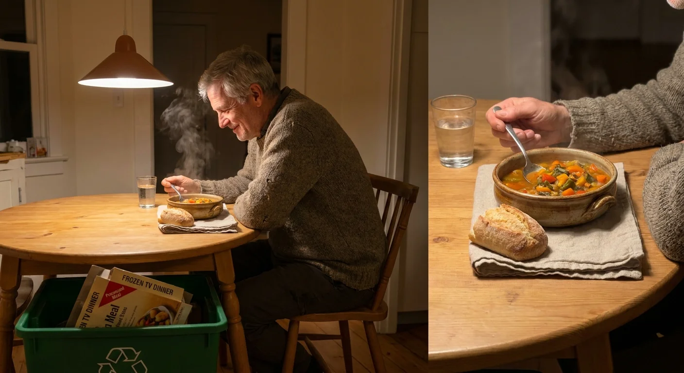 A home-cooked bowl of stew on a wooden table, with an empty frozen dinner box in a nearby recycle bin.