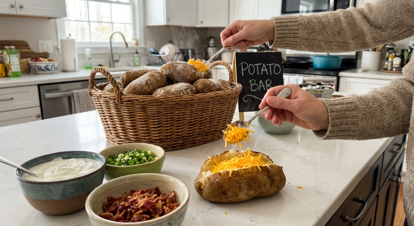 A home kitchen counter set up with baked potatoes and various topping bowls for a family meal.