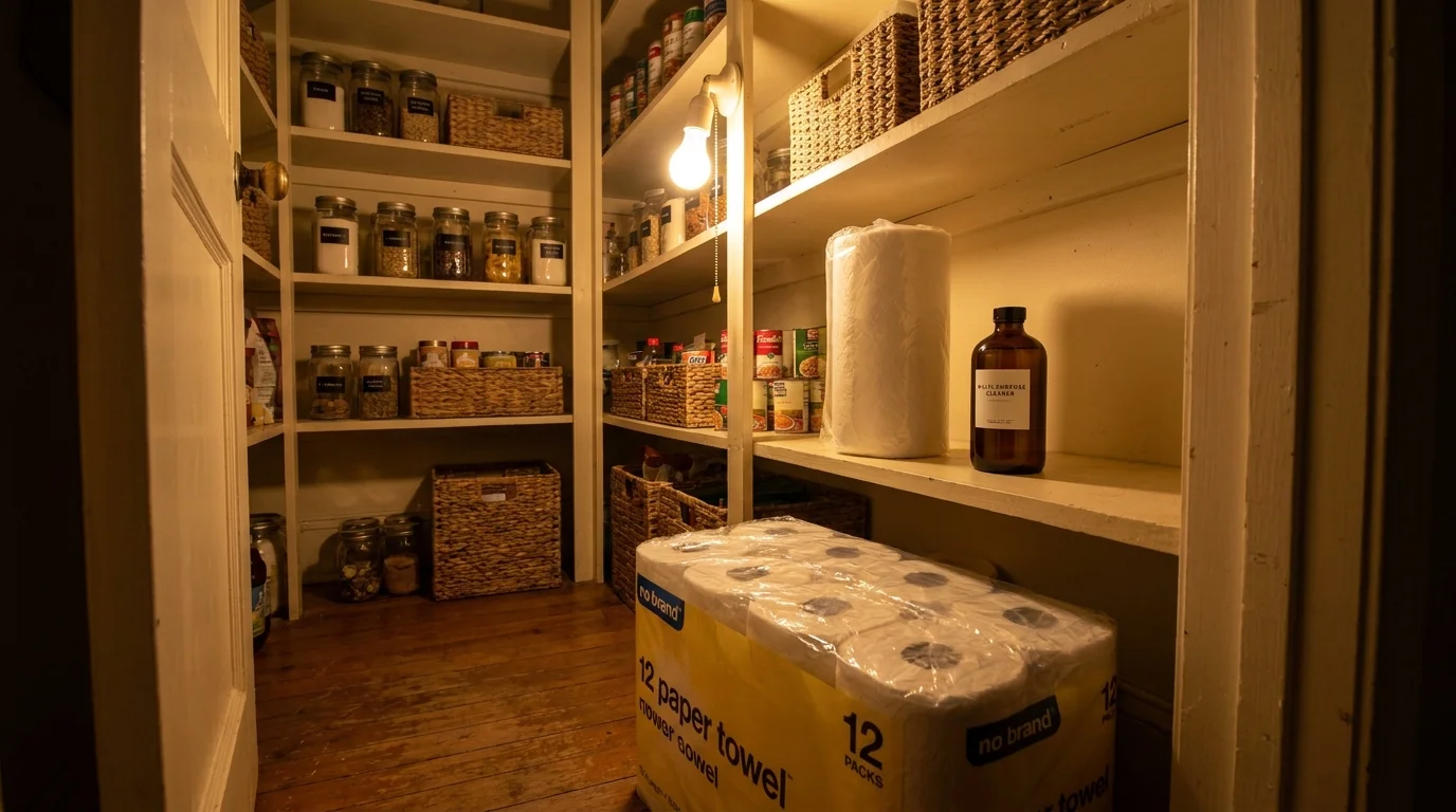A home pantry showing a large bulk pack of paper towels on the floor compared to a single roll on a shelf.