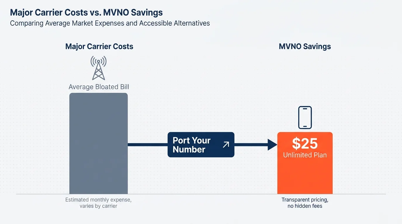 A horizontal bar chart comparing high carrier costs to a $25 unlimited plan, with an arrow labeled 'Port Your Number'.