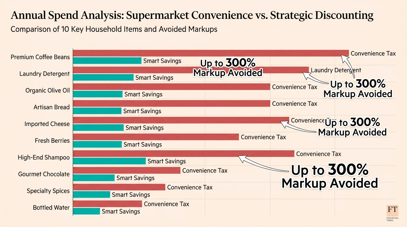 A horizontal bar chart showing the difference between supermarket spending and smart discount savings.