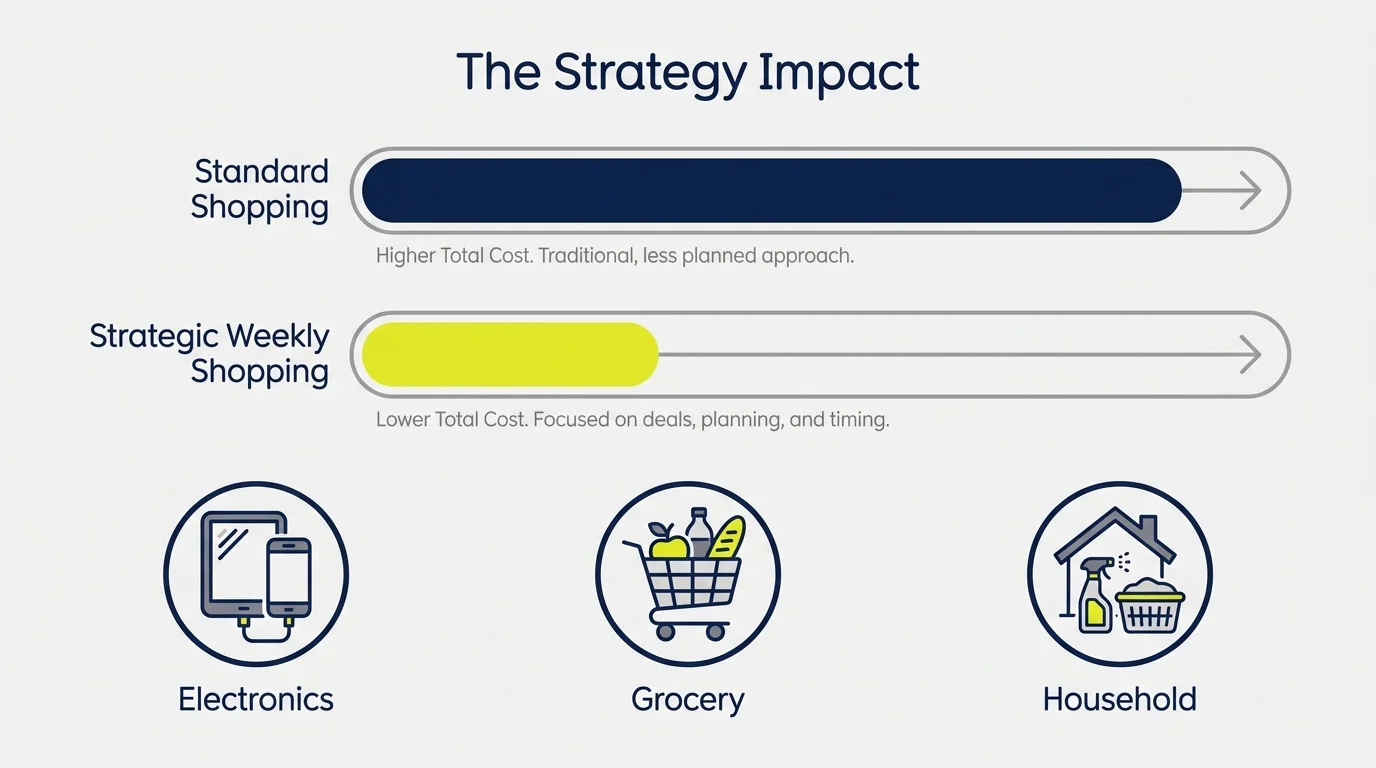A horizontal bar chart showing the difference in spending between standard and strategic shopping.