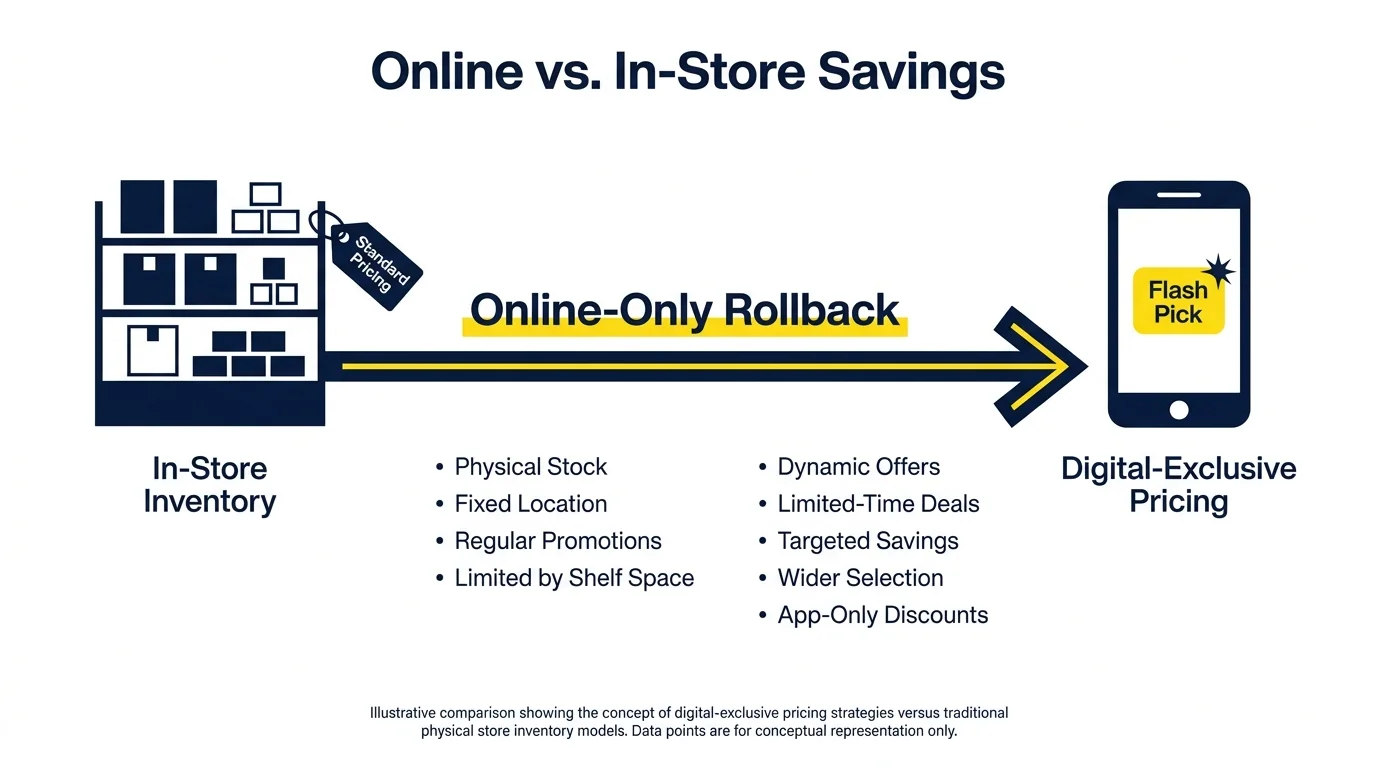 A horizontal infographic comparing in-store prices with online-only 'Flash Pick' rollbacks.