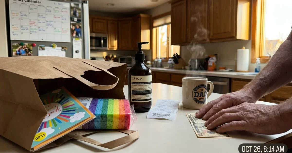 A kitchen counter with a discount store shopping bag containing a greeting card, sponges, and shampoo next to a coffee mug.