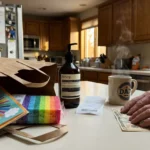 A kitchen counter with a discount store shopping bag containing a greeting card, sponges, and shampoo next to a coffee mug.