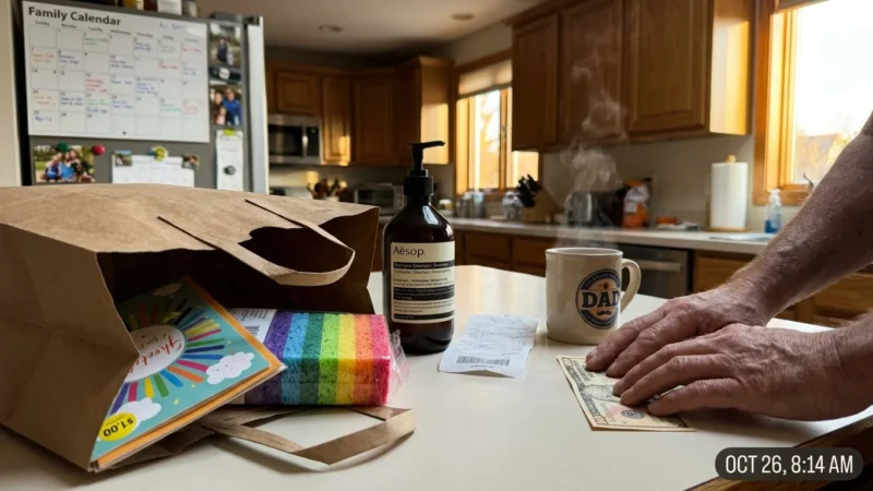 A kitchen counter with a discount store shopping bag containing a greeting card, sponges, and shampoo next to a coffee mug.
