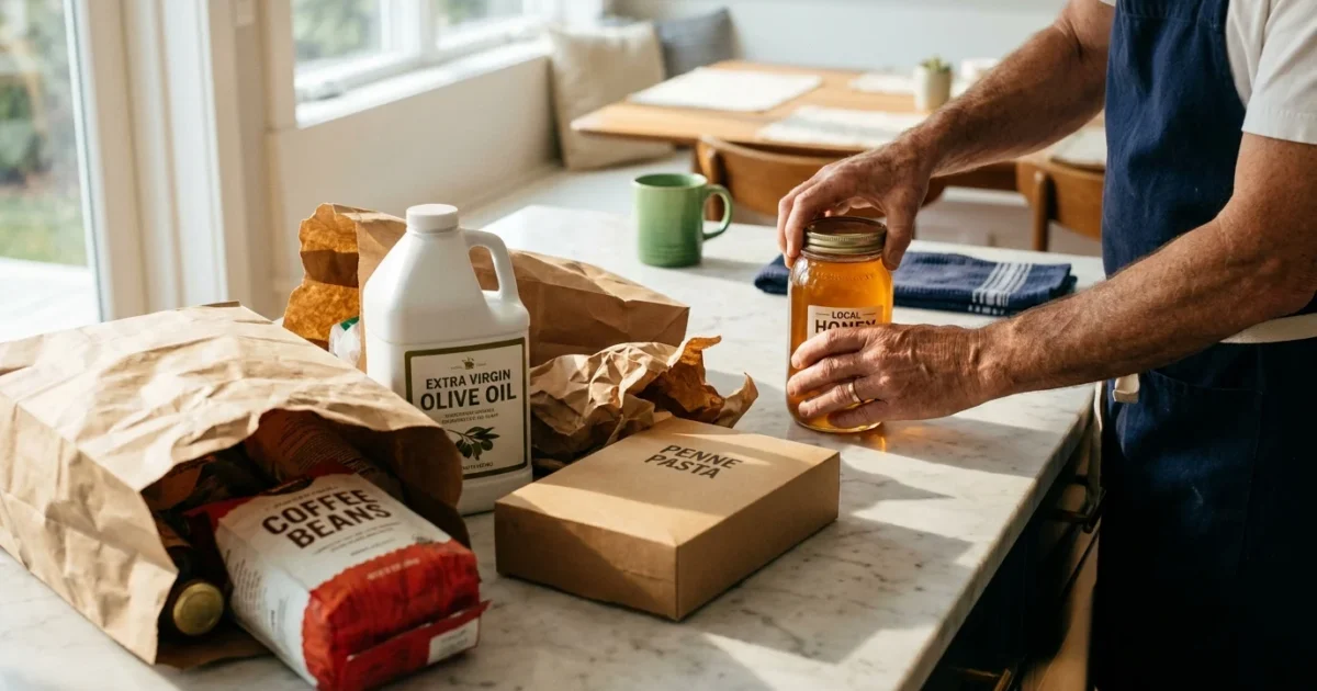 A kitchen island with grocery bags containing various store-brand staples like coffee and olive oil under warm morning sunlight.