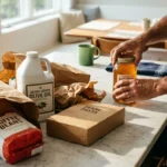 A kitchen island with grocery bags containing various store-brand staples like coffee and olive oil under warm morning sunlight.