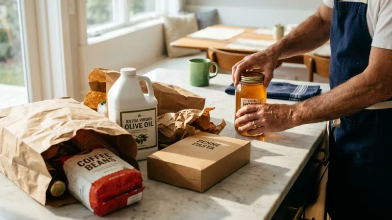 A kitchen island with grocery bags containing various store-brand staples like coffee and olive oil under warm morning sunlight.