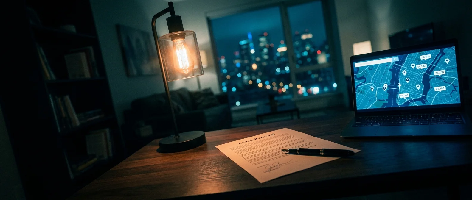 A lease renewal document on a desk lit by a lamp, with a laptop showing apartment prices in the background.