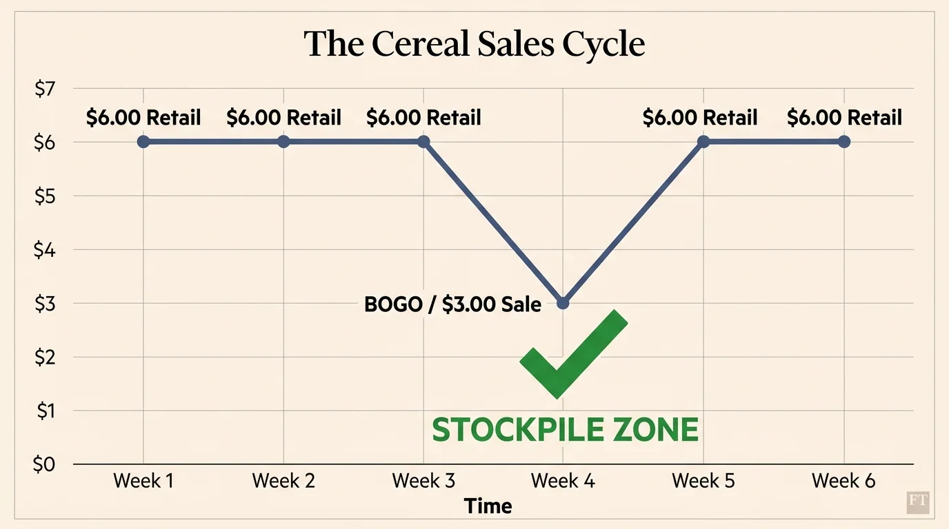 A line graph showing cereal prices fluctuating over 6 weeks, highlighting the BOGO sale as the only time to buy.