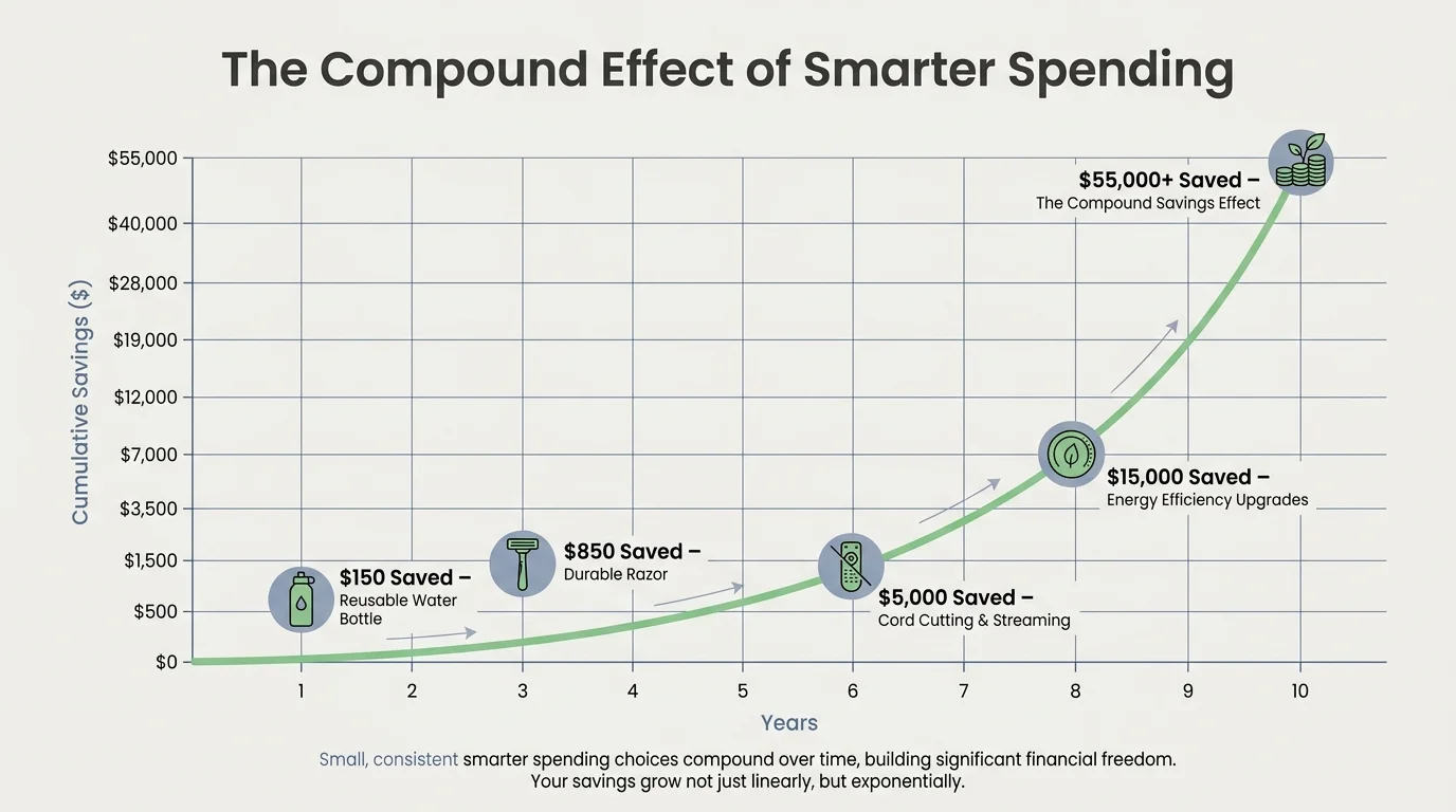 A line graph showing cumulative savings growing over ten years by cutting out obsolete products.