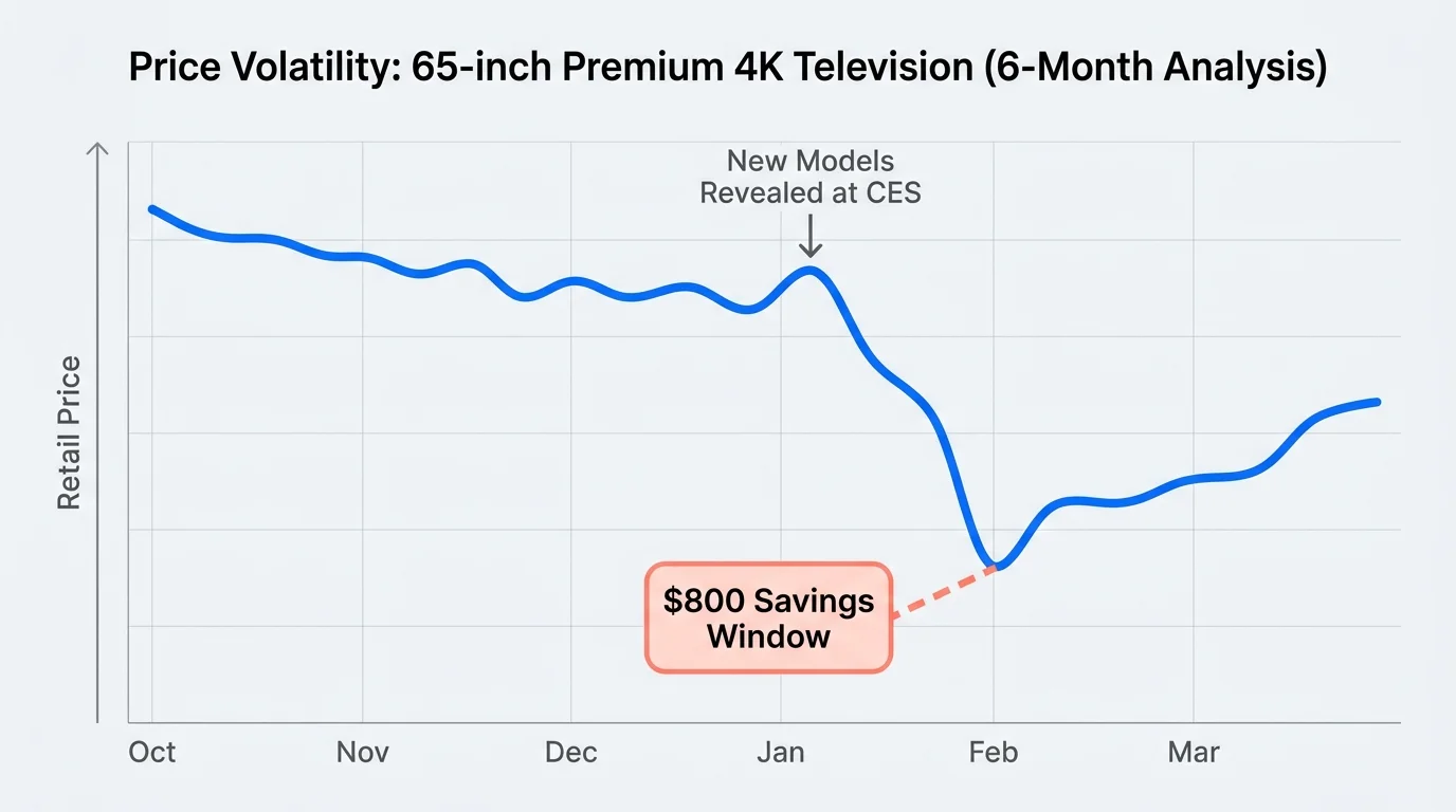 A line graph showing television prices dropping by $800 during the Super Bowl shopping window in February.