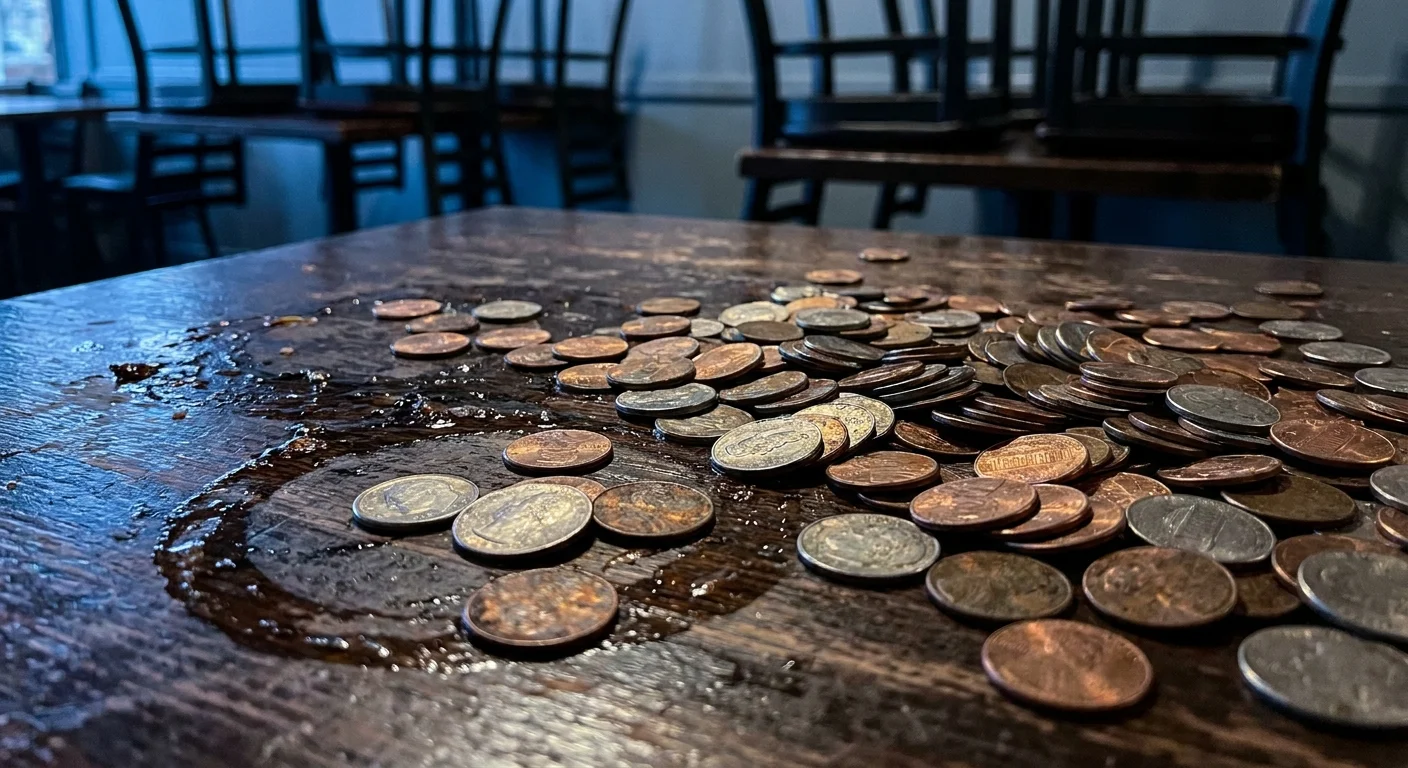 A macro photograph of a large pile of pennies and nickels scattered on a sticky restaurant table.