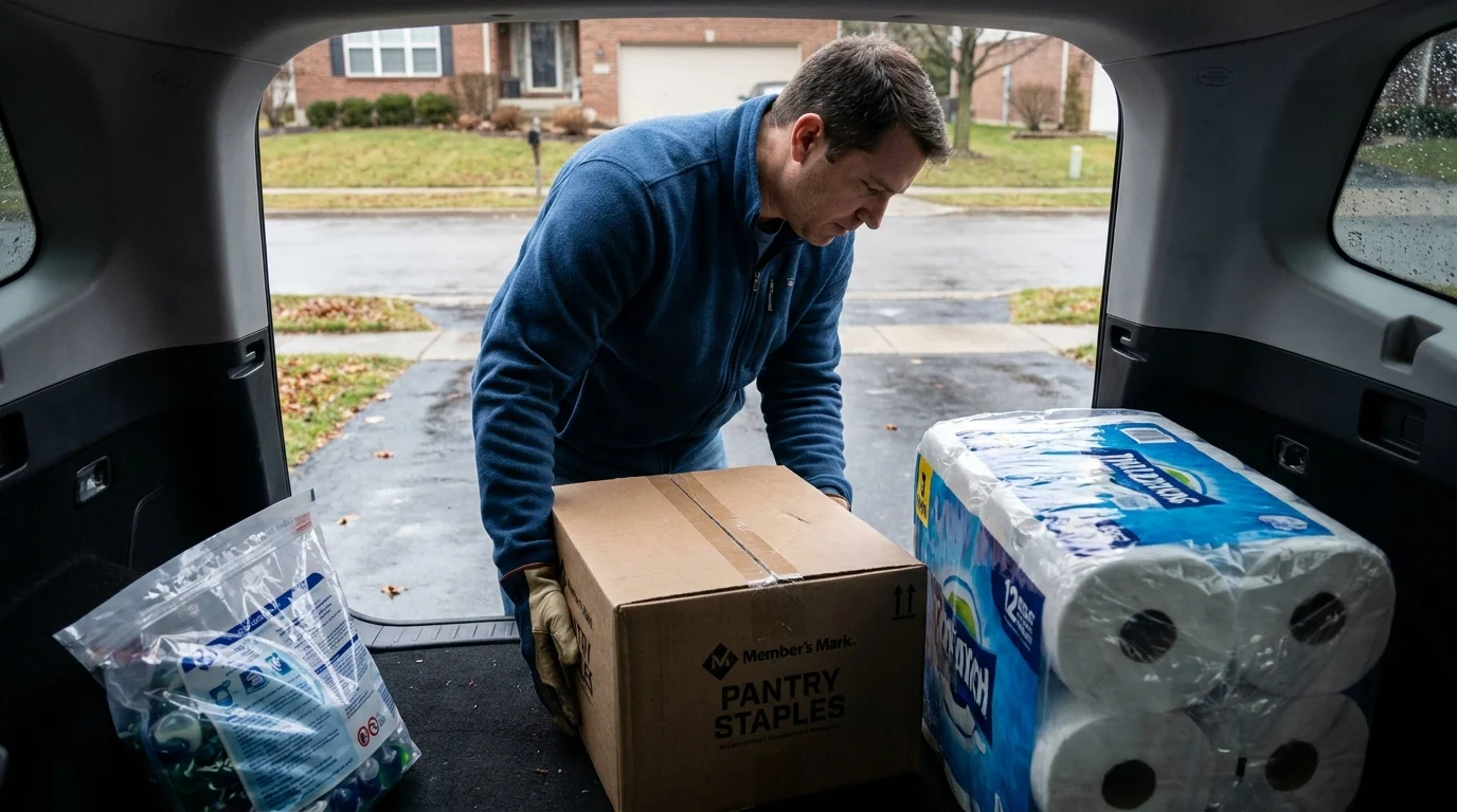 A man unloading bulk store-brand household goods from the trunk of an SUV in a suburban driveway.