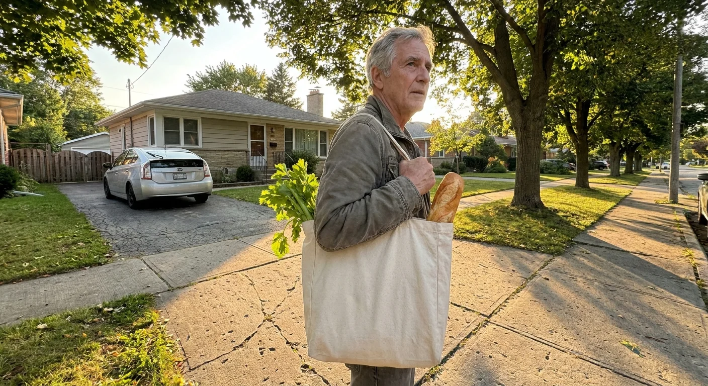 A man walking home with groceries in a walkable neighborhood, with one small car parked at his modest bungalow.