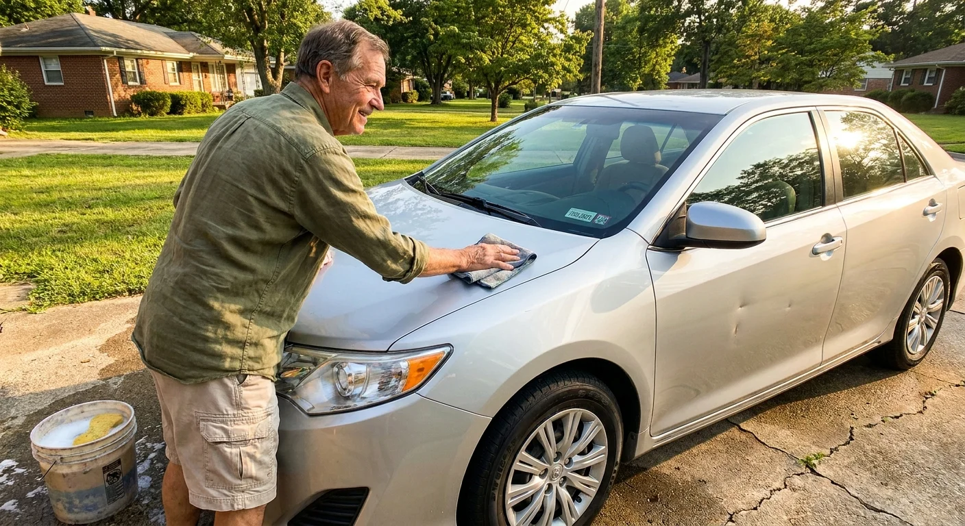A man washes his older silver car in a sunny driveway, with the odometer showing 150,000 miles.
