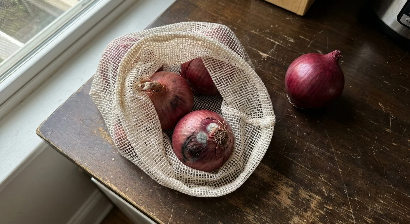 A mesh bag of three red onions on a counter, with one onion showing a visible bruise and mold.