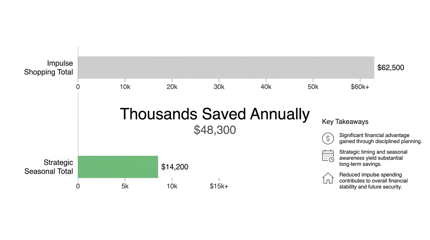 A minimalist budget chart comparing the high costs of impulse shopping with the significant savings of strategic seasonal buying.