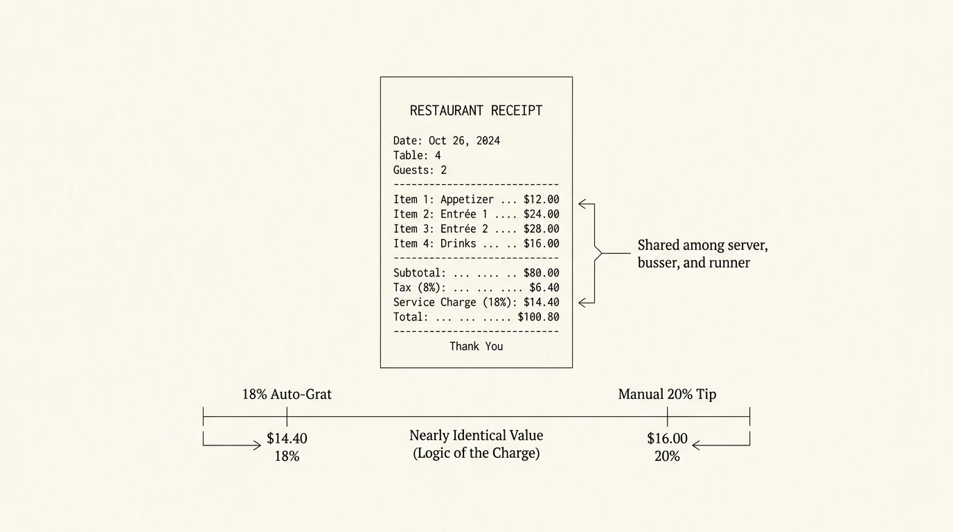 A minimalist diagram explaining an 18% automatic gratuity charge on a restaurant receipt.