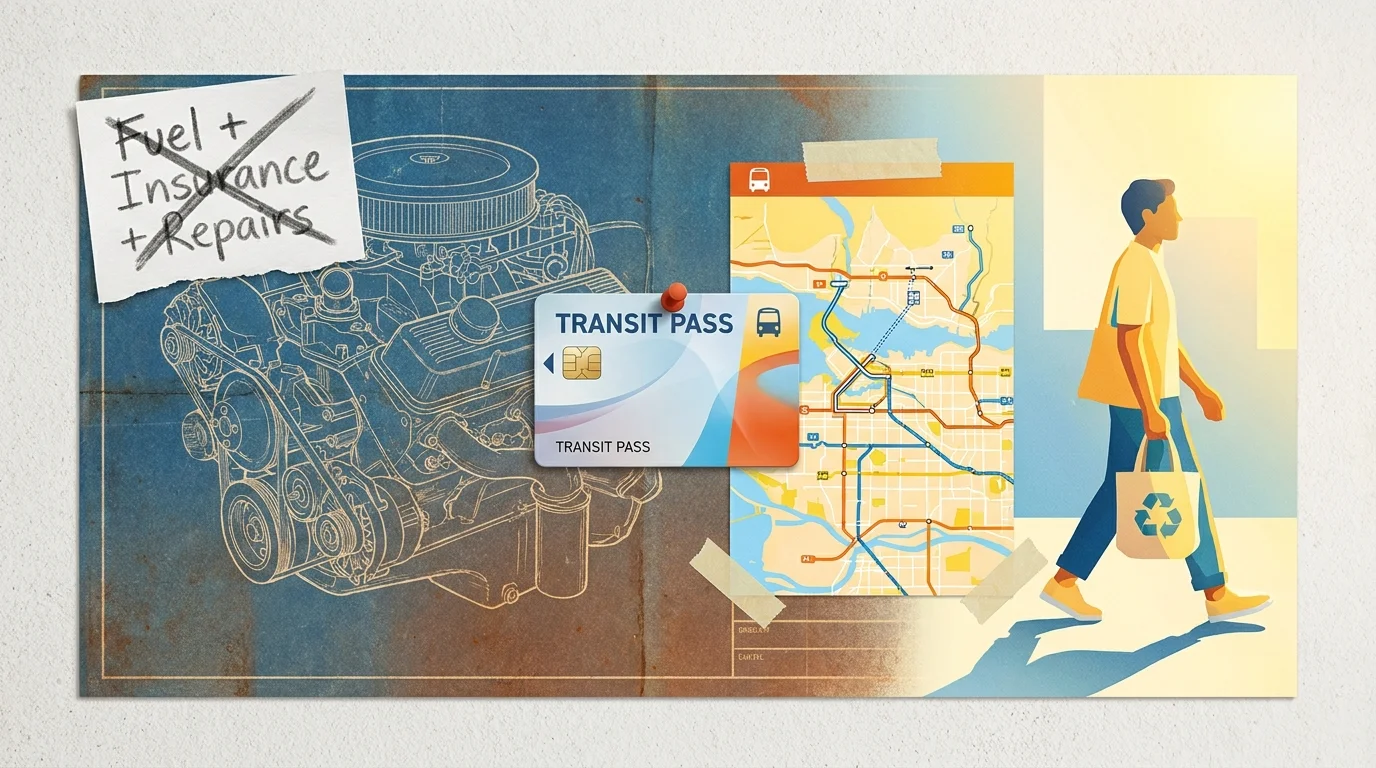 A mixed media artwork contrasting heavy car expenses with the simplicity and savings of public transit and walking.