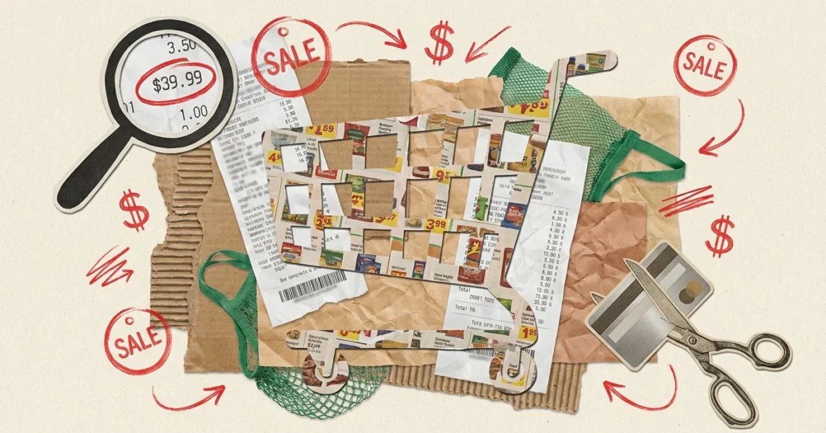 A mixed-media collage featuring a shopping cart made of receipts and flyers, symbolizing the strategy behind grocery pricing.