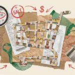 A mixed-media collage featuring a shopping cart made of receipts and flyers, symbolizing the strategy behind grocery pricing.