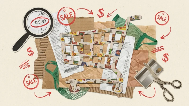 A mixed-media collage featuring a shopping cart made of receipts and flyers, symbolizing the strategy behind grocery pricing.