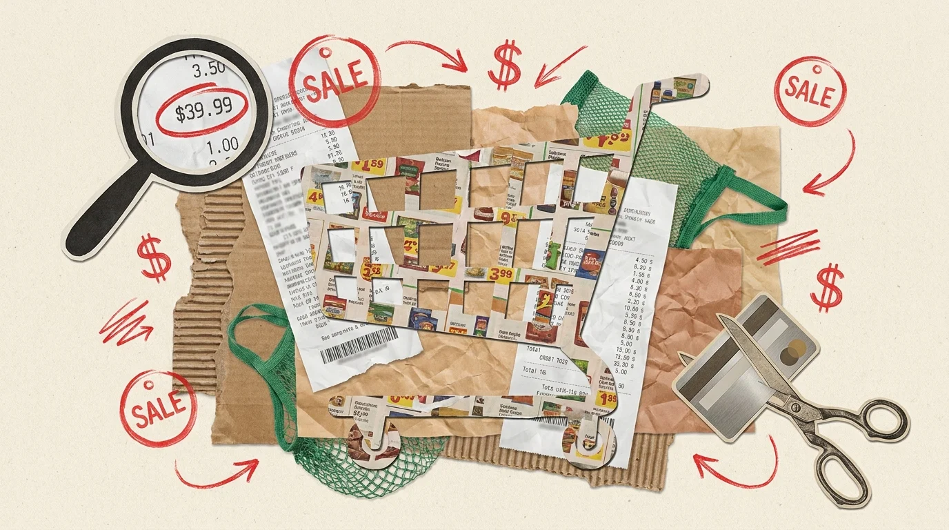 A mixed-media collage featuring a shopping cart made of receipts and flyers, symbolizing the strategy behind grocery pricing.
