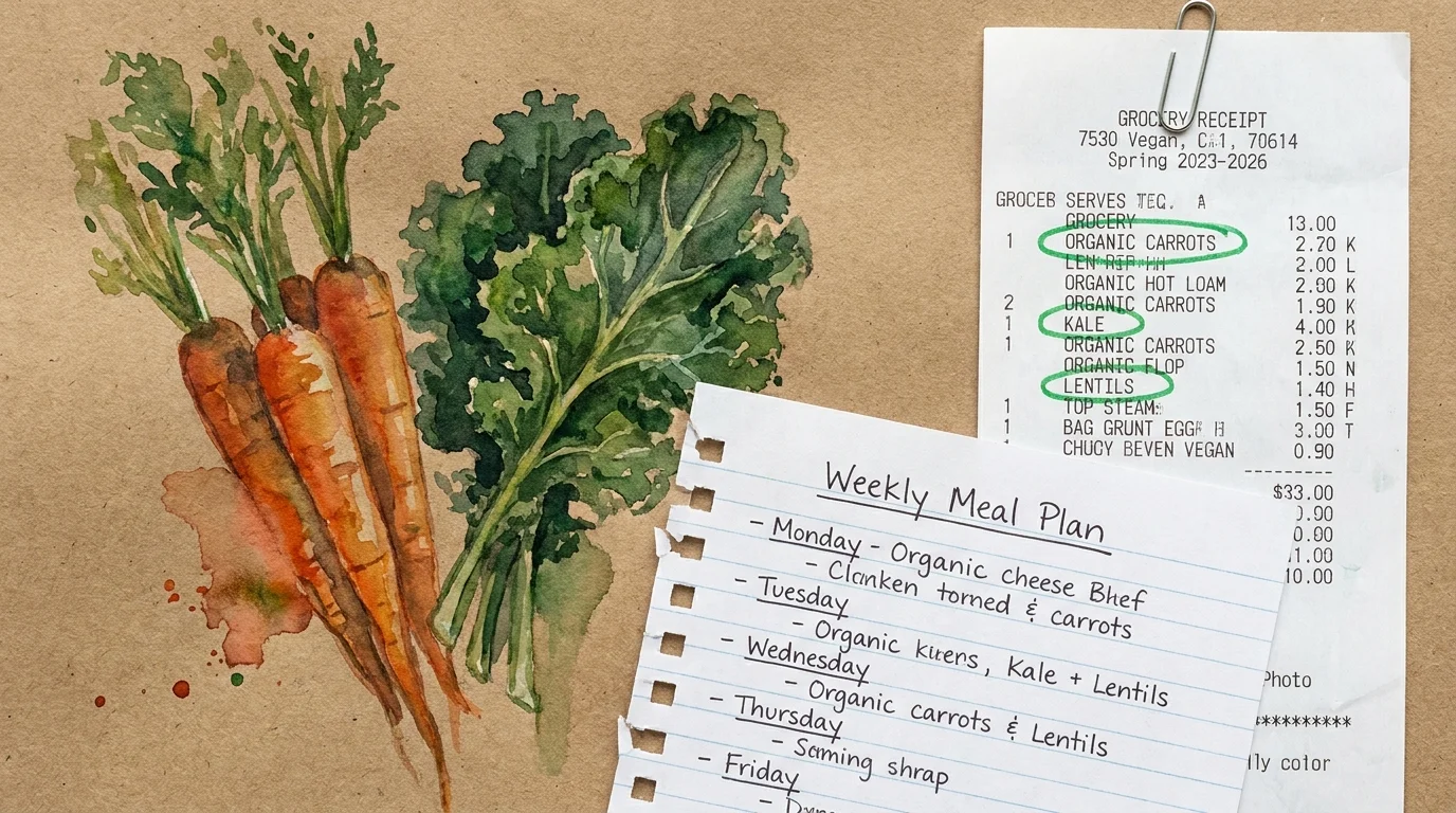 A mixed media collage featuring watercolor vegetables, a meal plan list, and a grocery receipt with savings circled.