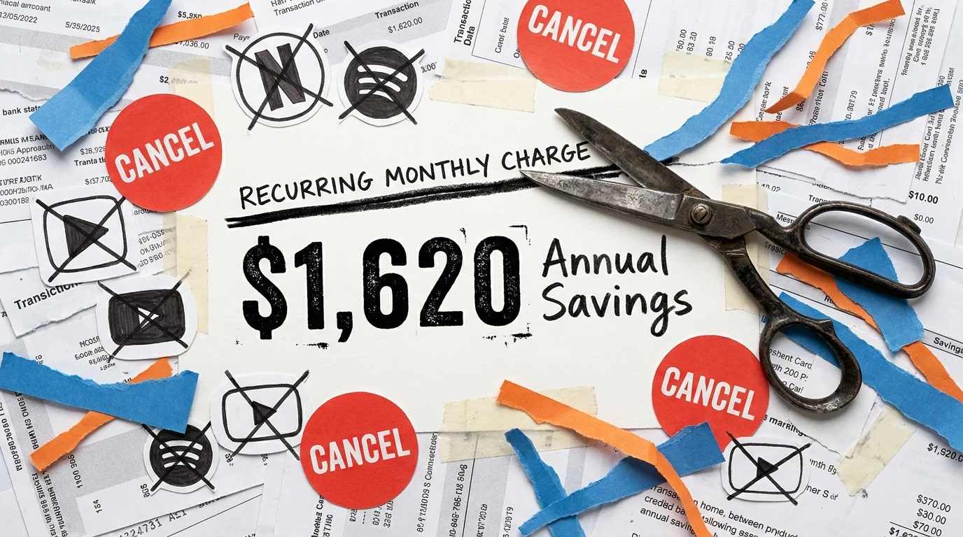 A mixed media collage showing a 'Cancel' button and scissors cutting through bills, highlighting $1,620 in annual savings.