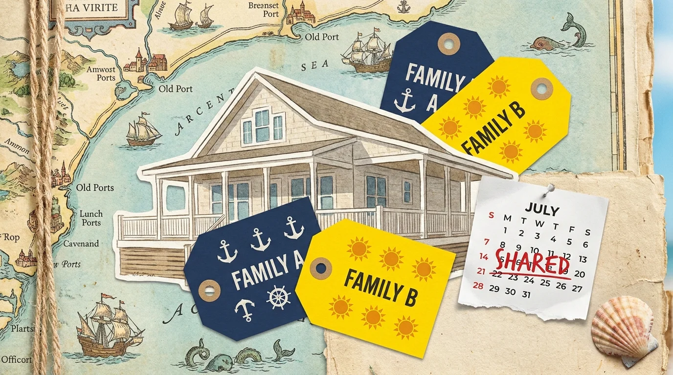 A mixed-media collage showing two different colored luggage tags on an illustration of a shared vacation home.