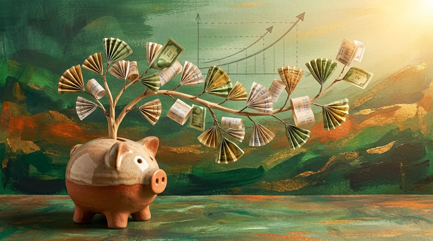 A mixed media illustration of a tree with bill-shaped leaves growing out of a piggy bank, symbolizing financial growth.
