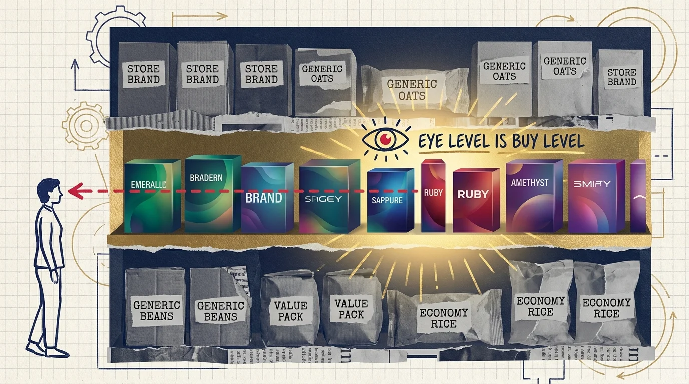 A mixed-media illustration showing a grocery shelf with the middle section highlighted as the most expensive 'eye level' zone.