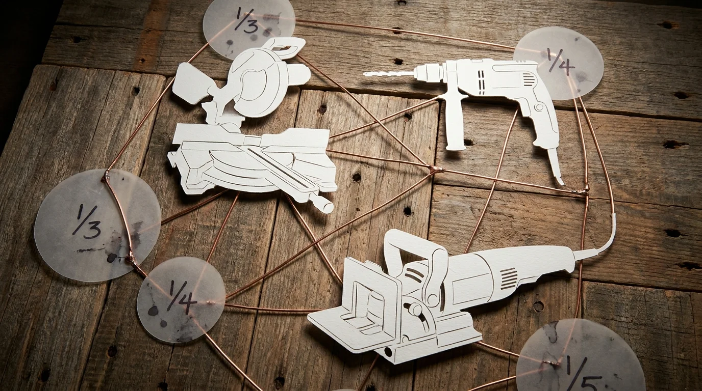 A mixed-media piece showing silhouettes of power tools on wood, labeled with fractional ownership stakes.