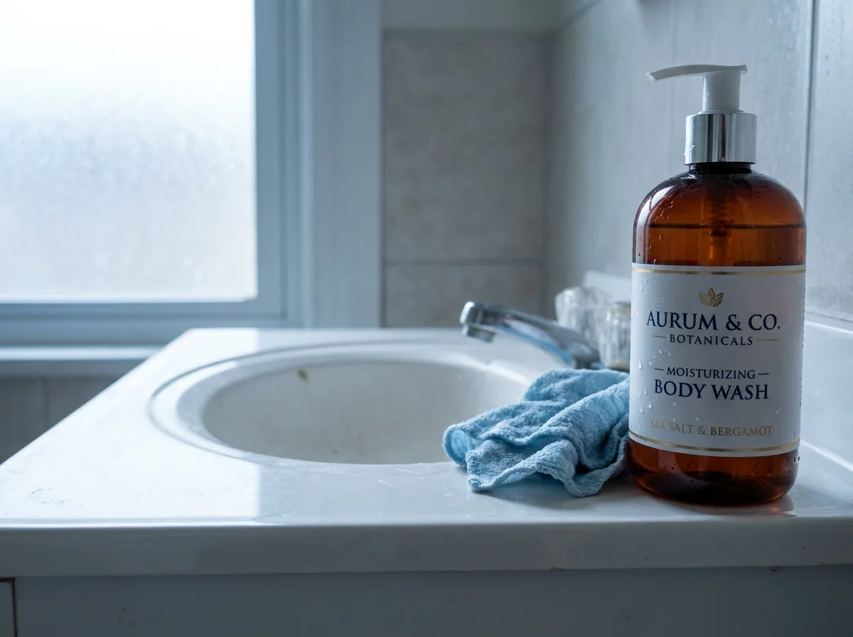A name-brand bottle of body wash on a bathroom vanity in natural morning light.