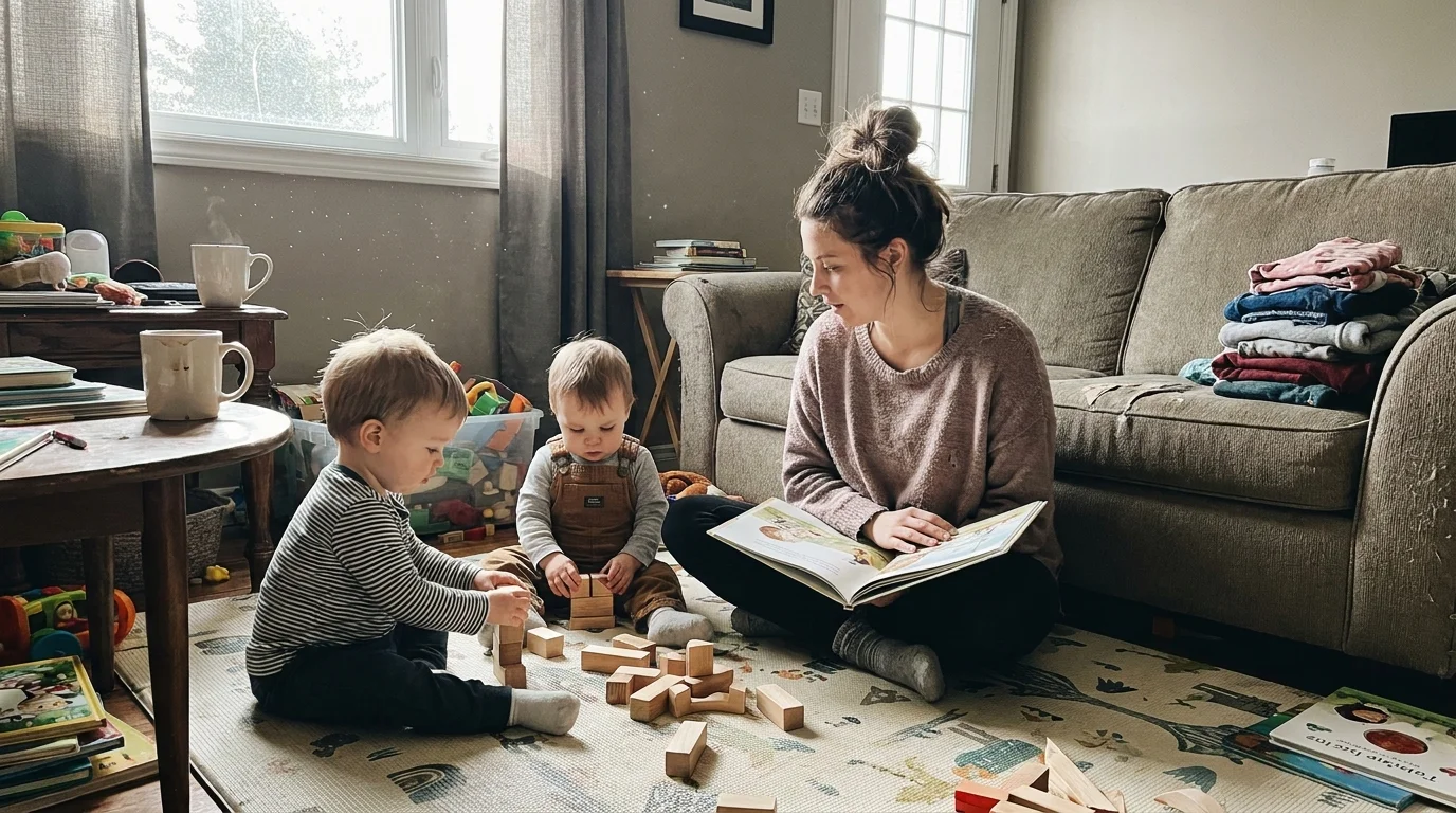 A nanny sitting on a living room floor reading a book to two toddlers in a sunny, lived-in home.