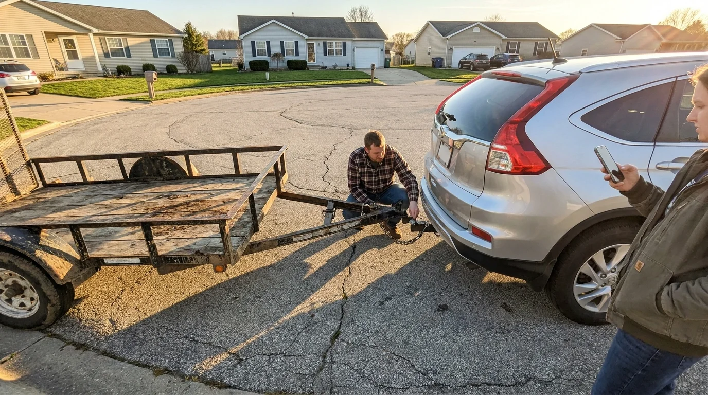 A neighbor unhooking a shared utility trailer from an SUV in a suburban driveway during the golden hour.