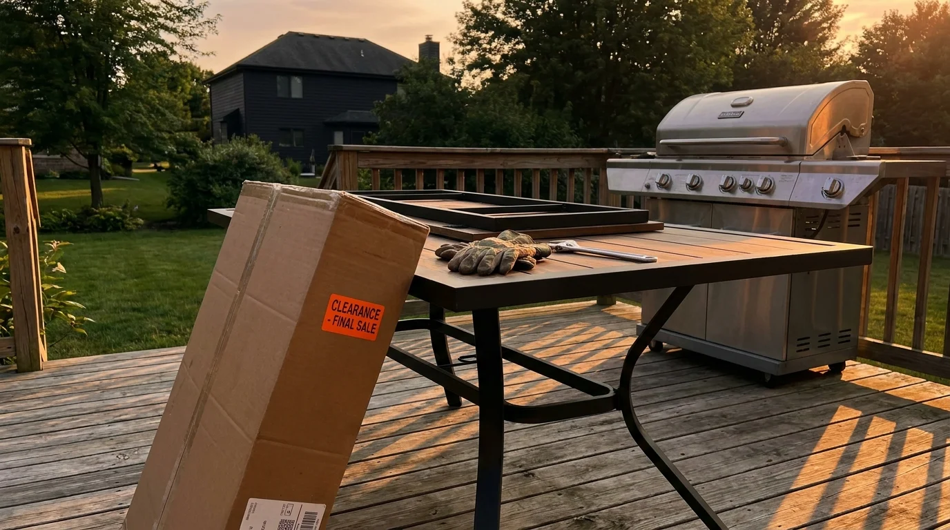 A new patio set and grill on a deck in August with a clearance sale sticker visible on the packaging.