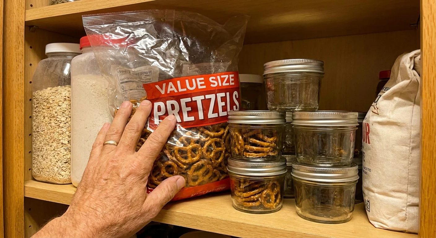 A pantry shelf showing a large value-sized bag of pretzels next to small glass jars for DIY portioning.