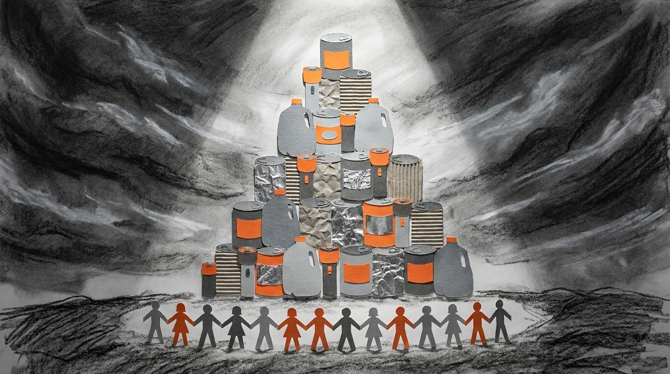 A paper-cut collage of a pyramid made of emergency supplies like water and canned food, symbolizing shared preparedness.