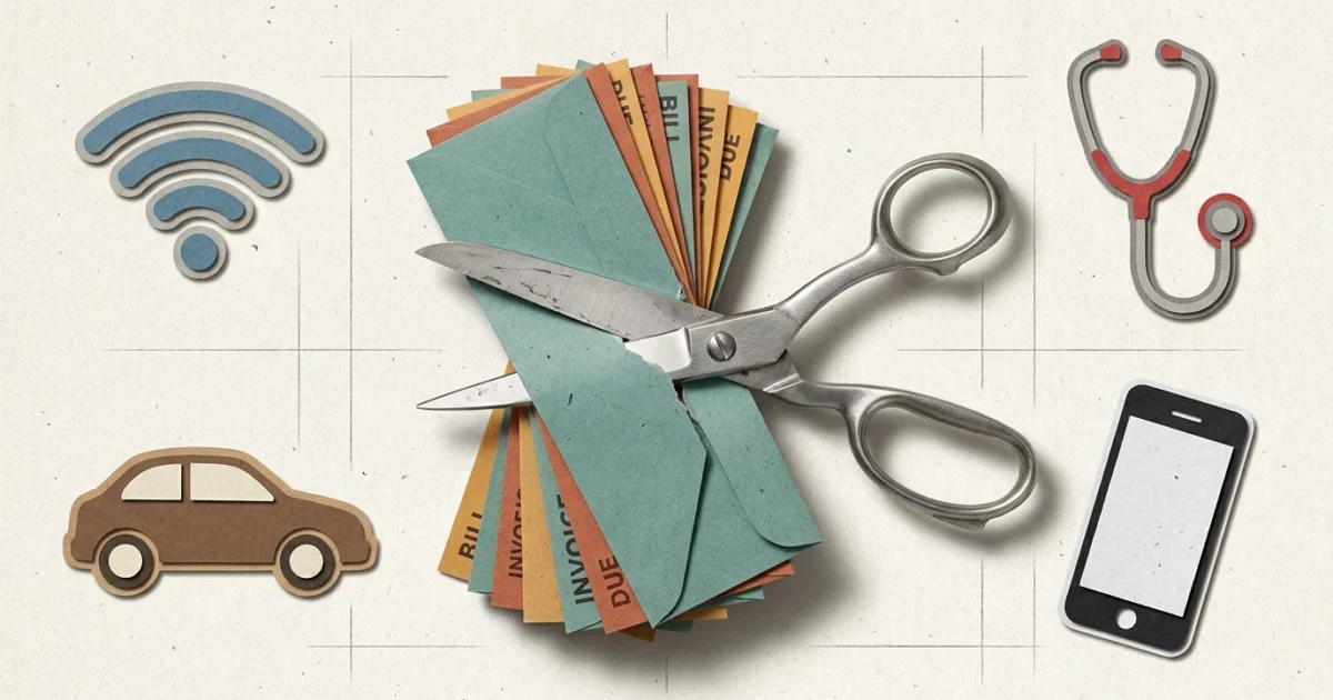 A paper-cut collage of silver scissors cutting through a stack of colorful bill envelopes, surrounded by icons of household expenses.