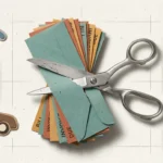A paper-cut collage of silver scissors cutting through a stack of colorful bill envelopes, surrounded by icons of household expenses.