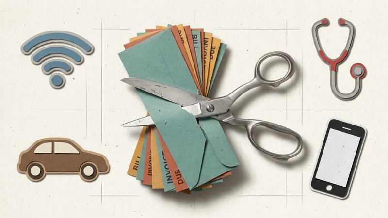 A paper-cut collage of silver scissors cutting through a stack of colorful bill envelopes, surrounded by icons of household expenses.