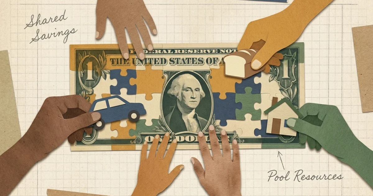 A paper-cut collage showing multiple hands assembling a puzzle of a dollar bill, representing shared family expenses and savings.
