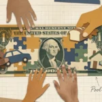 A paper-cut collage showing multiple hands assembling a puzzle of a dollar bill, representing shared family expenses and savings.