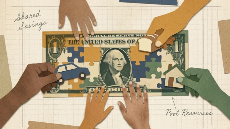 A paper-cut collage showing multiple hands assembling a puzzle of a dollar bill, representing shared family expenses and savings.