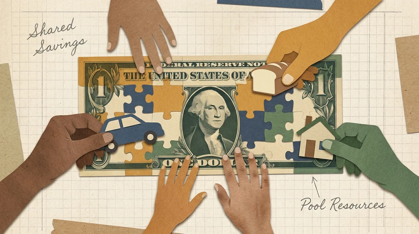 A paper-cut collage showing multiple hands assembling a puzzle of a dollar bill, representing shared family expenses and savings.