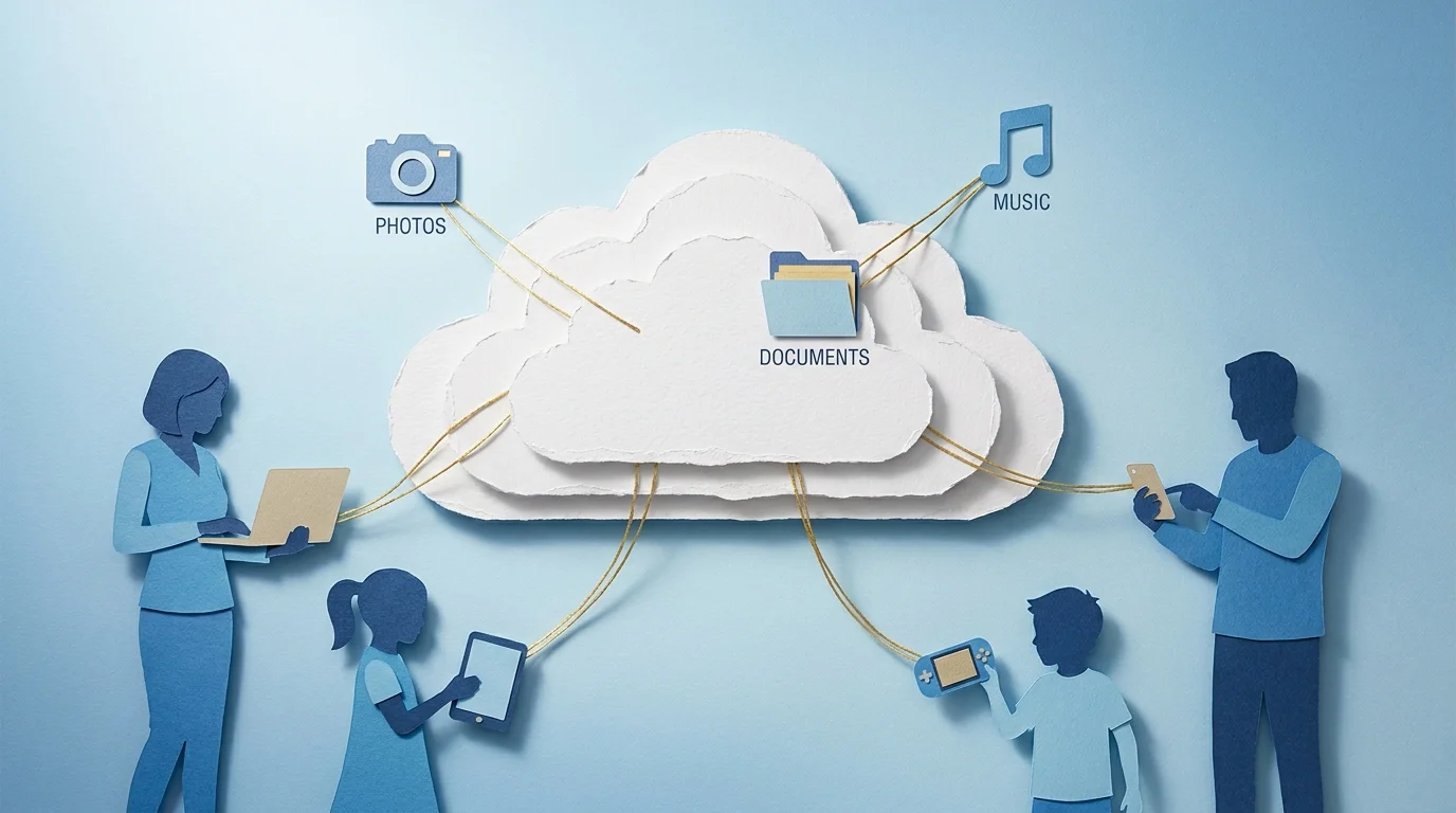 A paper-cut illustration of a family of five sharing one central digital cloud for photos and software.